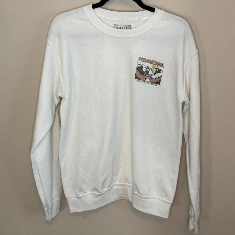 Buzz White Crewneck – Yosemite Decal Front & Back, Size Small